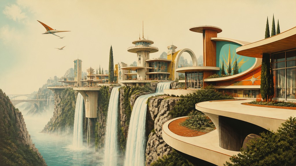 a cliffside city with waterfalls cascading into a misty canyon, wide establishing shot, no people, no text