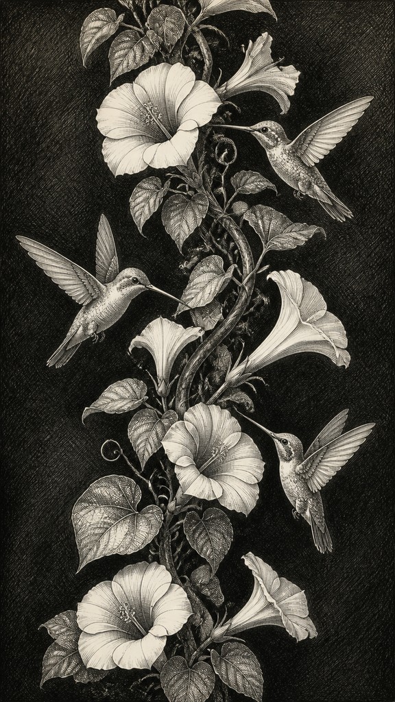 a climbing vine of flowers and hummingbirds on a dark background, tall wrapping composition, no text