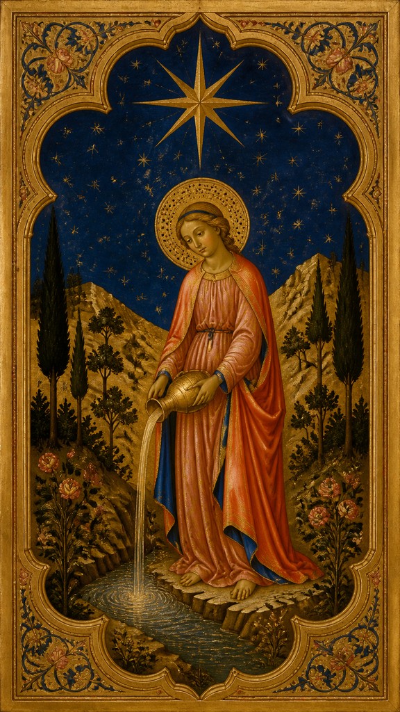 a robed figure pouring water beneath a large eight-pointed star in a night sky, symmetrical composition with an ornate decorative border, no text