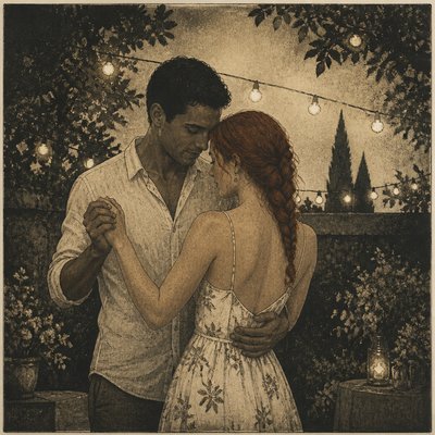 an original couple dancing under string lights in a garden at dusk: a man with short black hair in a linen shirt and a woman with braided red hair in a summer dress