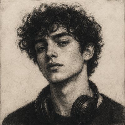 head-and-shoulders portrait of an original character: a young man with curly dark hair and headphones around his neck, plain backdrop, no text