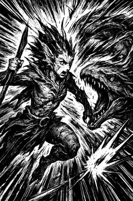 a black and white drawing of a demon attacking a demon