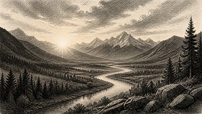 a vast valley with a river winding toward distant mountains at sunrise, no people, no text