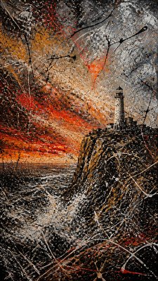 a lone lighthouse on a cliff at dusk under a dramatic sky, no text or lettering