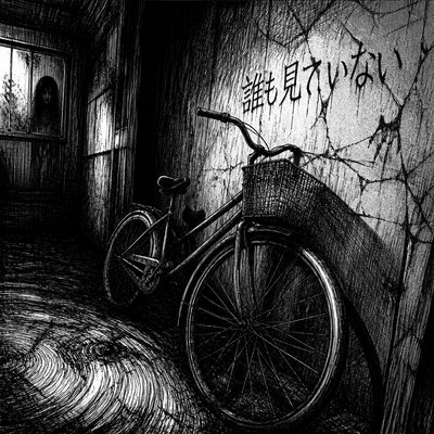 bicyle resting against a wall — Horror Manga Art Style