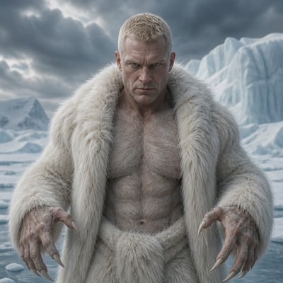 Fais moi une dieu blanc et fort avec des cheveux blond cour et  il  est habille en fourrure  d’ourse blanc sans bijou il représente la dieu de la glace et du pole nord. c’est une humain avec des yeux ferroses et des griffes d’ourse blanc genre juste des griffes , il a pas de barbe ses cheveux sont cour, il a la 50 ene, il est realiste. Il  a le corps genre humain genre il est recouvert de vetement en peau d’ourse blanc, il est poilu (poil blanc) sur son torse et bras et il est chauve presque mais feroce et fort   Juste il a des griffes d’ourse 