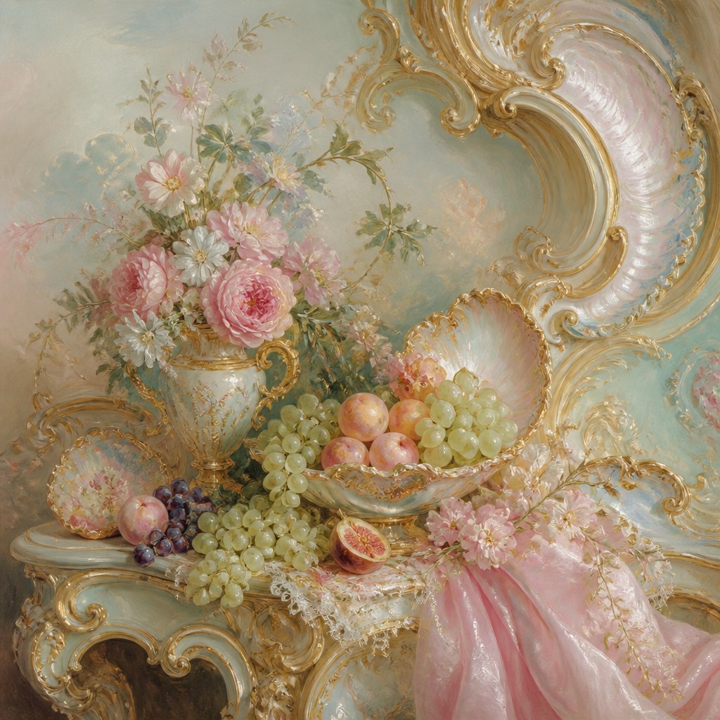 still life arrangement of fruits and flowers