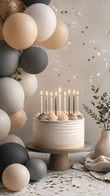 a birthday cake with lit candles surrounded by balloons and confetti, festive vertical composition, no text