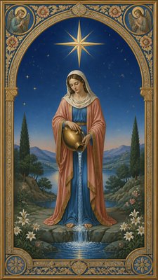 a robed figure pouring water beneath a large eight-pointed star in a night sky, symmetrical composition with an ornate decorative border, no text