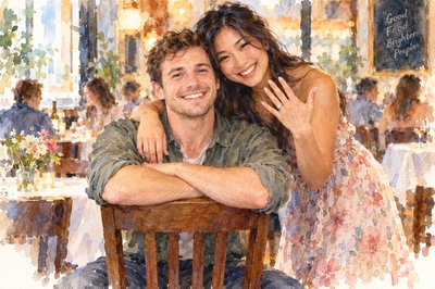 In a restaurant we see a young couple facing the camera.  The man is caucasian and she is Asian.  She stands beside him as he sits on a restaurant chair.  The chair is backwards, and his arms are folded on top of the chair's back.  She has her right arm draped around his neck, as she holds her left hand out to display a brand new engagement ring.  She is bending down and her head is next to his.  They are very casual and both smiling. It looks like he might have just "popped the question!"
 This is the most wonderful day!