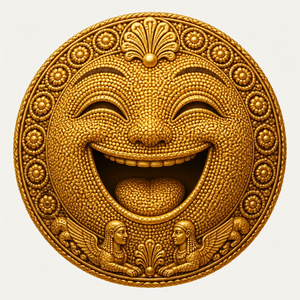 an exaggerated laughing face of an original round mascot character, bold and readable at small size, plain background, no text