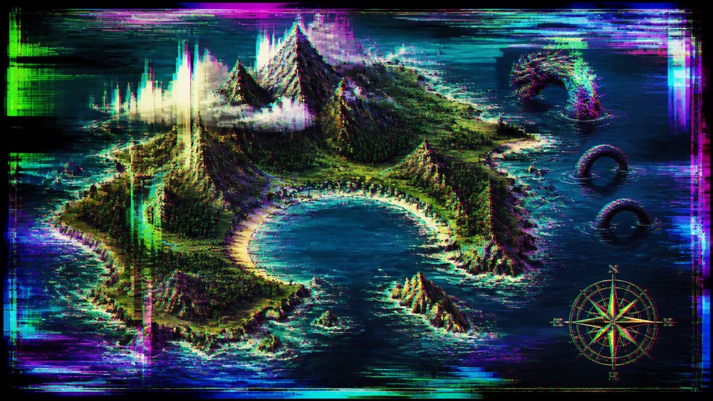 a map of an island realm with mountains, forests, a sheltered bay, sea monsters in the water and a compass rose, no text labels