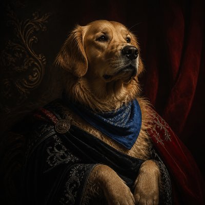 portrait of a golden retriever wearing a blue bandana, warm plain backdrop, no text