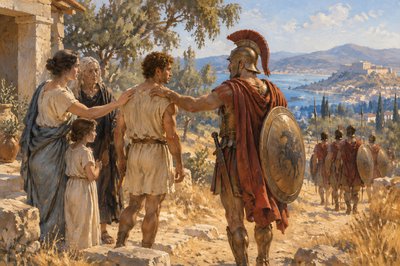 ancient greek family says goodbye to older son and father wearing helmut, shield, and sword go off to battle 