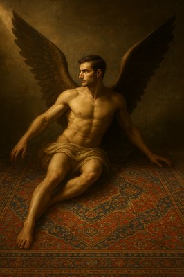 a painting of a man with wings sitting on a rug