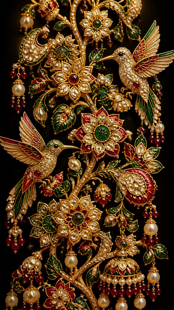 a climbing vine of flowers and hummingbirds on a dark background, tall wrapping composition, no text
