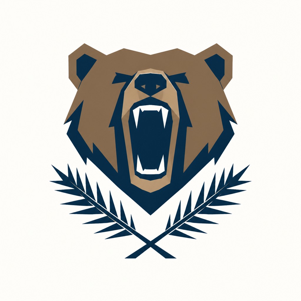 a roaring bear head above crossed pine branches, bold graphic composition on a plain background, no text