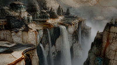 a cliffside city with waterfalls cascading into a misty canyon, wide establishing shot, no people, no text