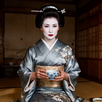 Cinematic Film Style, Traditional Japanese Ukiyo-e Influence, a regal and incredibly poised portrait of the geisha Mameha (inspired by Michelle Yeoh). She is seated in a refined, dimly lit wooden teahouse, her posture perfectly upright and elegant. She wears a heavy silk kimono in peaceful, sophisticated colors like slate blue and silver, with delicate hand-painted motifs of plum blossoms. Her face is a "mask" of white traditional makeup, featuring sharp red lips and wise, observant eyes that convey deep intelligence. She is in the middle of a ritual, perhaps holding a delicate porcelain tea bowl with perfectly choreographed hands. The lighting is soft and atmospheric, catching the shimmer of her silk and the intricate details of her high, lacquered hairstyle adorned with a single, understated silver hairpin. Focus on the feeling of quiet power, impeccable grace, and the stillness of a master artist.