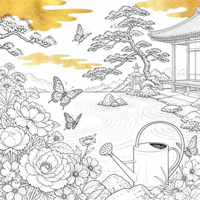 a garden scene with butterflies, flowers and a watering can, clean uncolored line art, no text