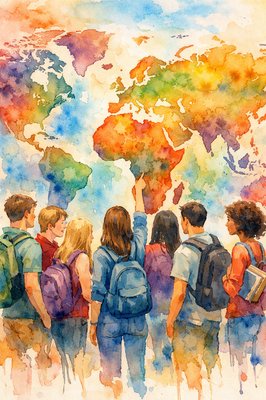 A group of 7 students (male and female) some wearing backpacks, others carrying books, stand together with their backs toward the camera looking at a wall-sized Afro-centric map of the world.  One student is pointing out something in africa.  Two students are talking to each other.