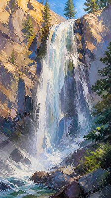 towering waterfall cascading down a cliff