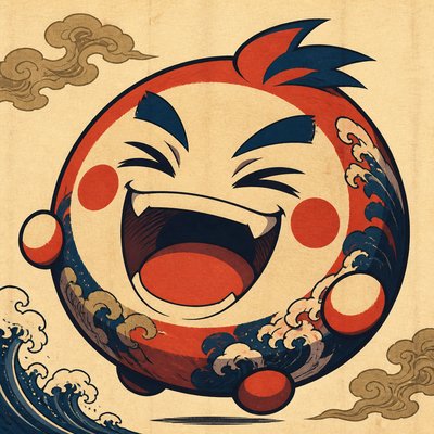 an exaggerated laughing face of an original round mascot character, bold and readable at small size, plain background, no text