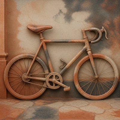 bicyle resting against a wall