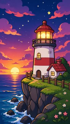 a lone lighthouse on a cliff at dusk under a dramatic sky, no text or lettering