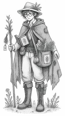 full-body original character: a wandering botanist with a satchel of plants, a patched green cloak, tall boots and round glasses, neutral background