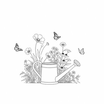 a garden scene with butterflies, flowers and a watering can, clean uncolored line art, no text