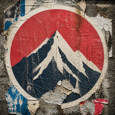 an emblem of a mountain peak inside a circle, simple bold shapes on a plain background, no text or lettering