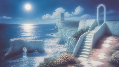 a moonlit coastline with cliffs and crashing surf, no people