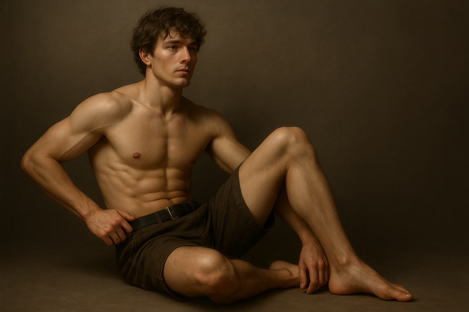 a shirtless man sitting on the ground posing for a picture
