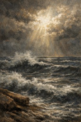 Express without words “Let the heavens rejoice, and let the earth be glad; let the sea roar, and the fulness thereof.” (Psalms 96:11, KJV) focusing on the turbulent sea and glory coming from clouds above 
