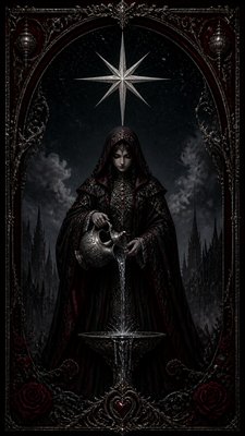 a robed figure pouring water beneath a large eight-pointed star in a night sky, symmetrical composition with an ornate decorative border, no text