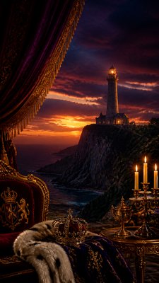 a lone lighthouse on a cliff at dusk under a dramatic sky, no text or lettering