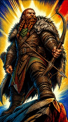 full-body original character: a dwarven ranger with a braided auburn beard, worn leather armor, a longbow and a wolf-pelt cloak, neutral background, no text
