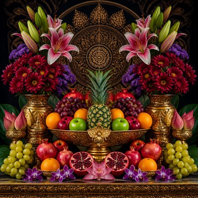 still life arrangement of fruits and flowers