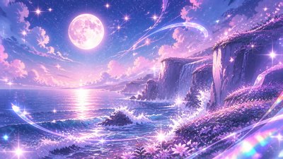 a moonlit coastline with cliffs and crashing surf, no people