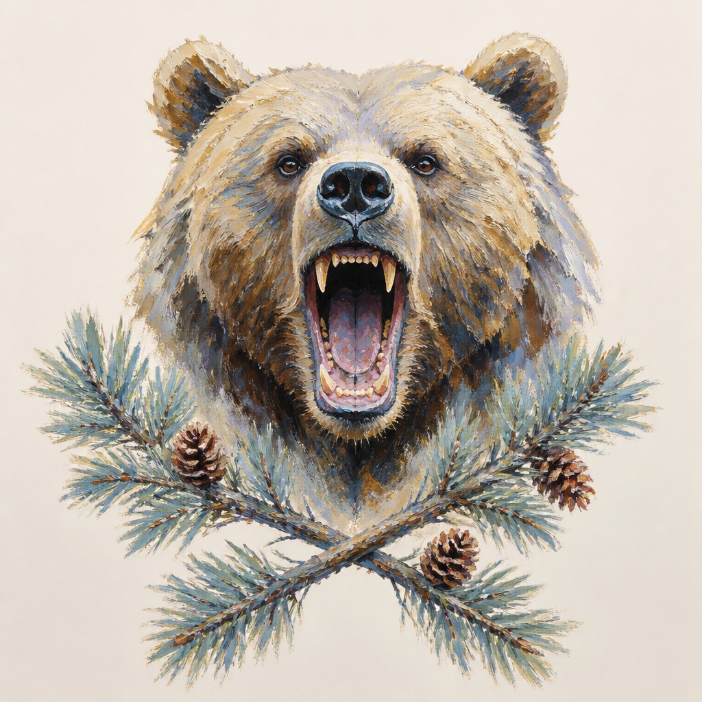 a roaring bear head above crossed pine branches, bold graphic composition on a plain background, no text