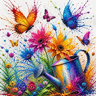 a garden scene with butterflies, flowers and a watering can, clean uncolored line art, no text
