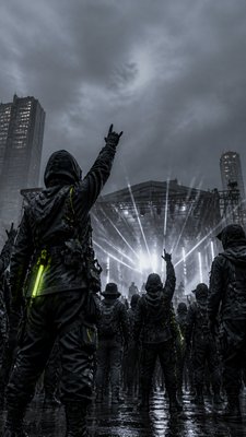 a live music scene with a glowing stage and silhouetted crowd, energetic vertical composition with open space at the top, no text