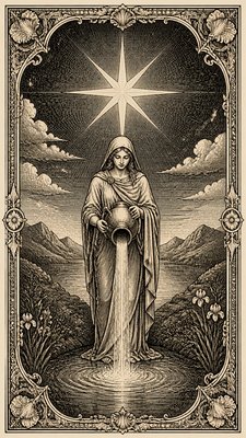 a robed figure pouring water beneath a large eight-pointed star in a night sky, symmetrical composition with an ornate decorative border, no text