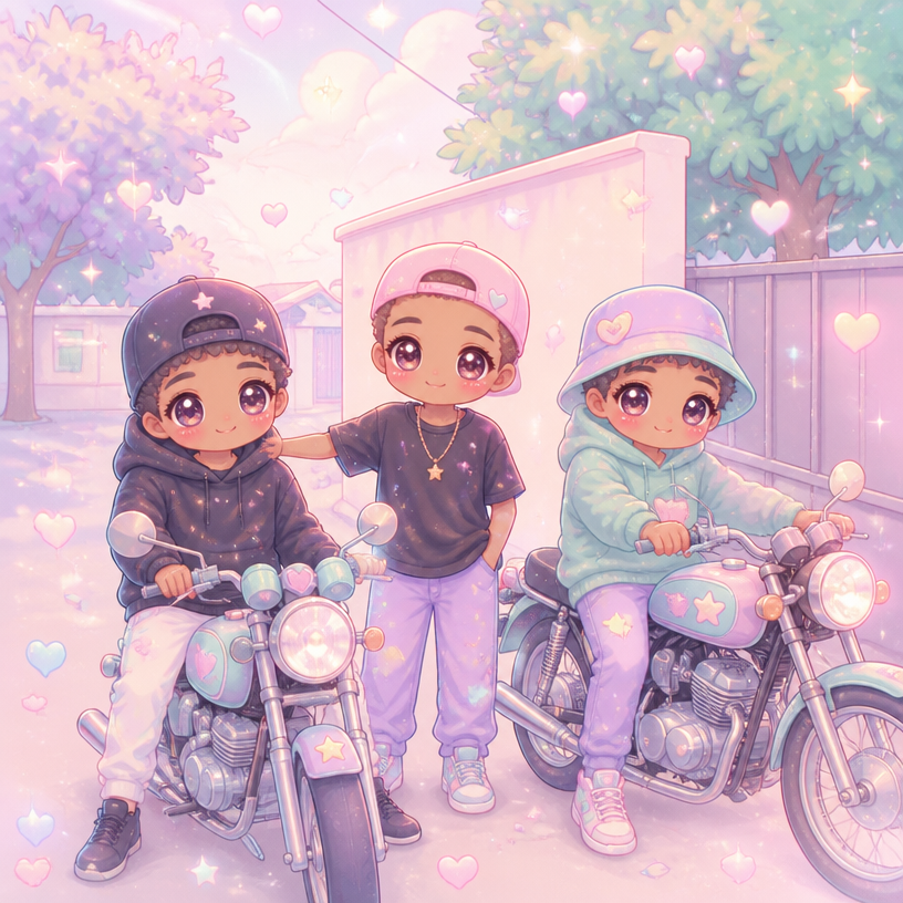 a couple of kids sitting on top of a motorcycle