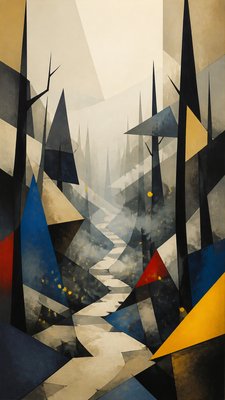 a mysterious forest path with fireflies and drifting mist, atmospheric vertical composition with open space at the top, no text