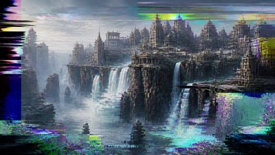 a cliffside city with waterfalls cascading into a misty canyon, wide establishing shot, no people, no text