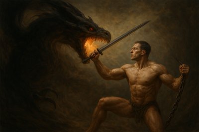 a painting of a man holding a sword and a dragon