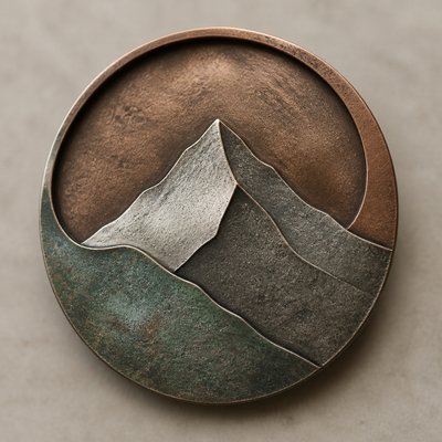 an emblem of a mountain peak inside a circle, simple bold shapes on a plain background, no text or lettering