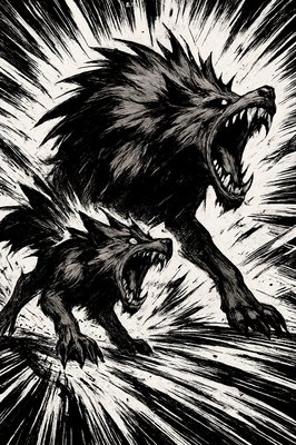 a black and white drawing of a wolf attacking another wolf